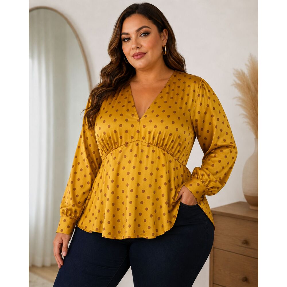 Fashion to Figure Mustard Polka Dot Satin Peplum Blouse Plus 2 18/20